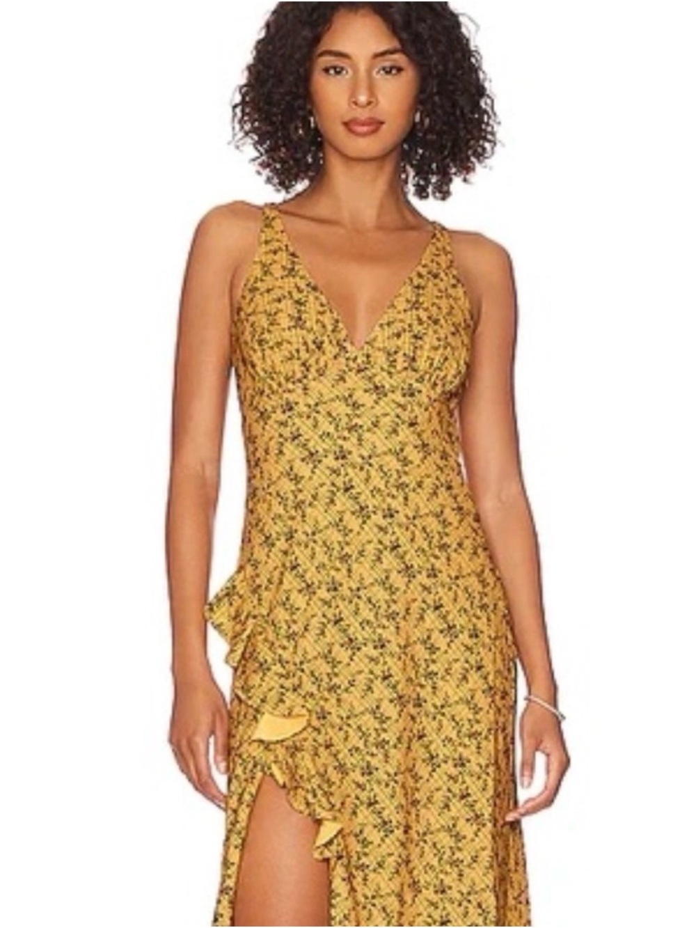RHODE Irvetta Dress M Floral Trellis Wheat Yellow Ruffle Slit Midi $525